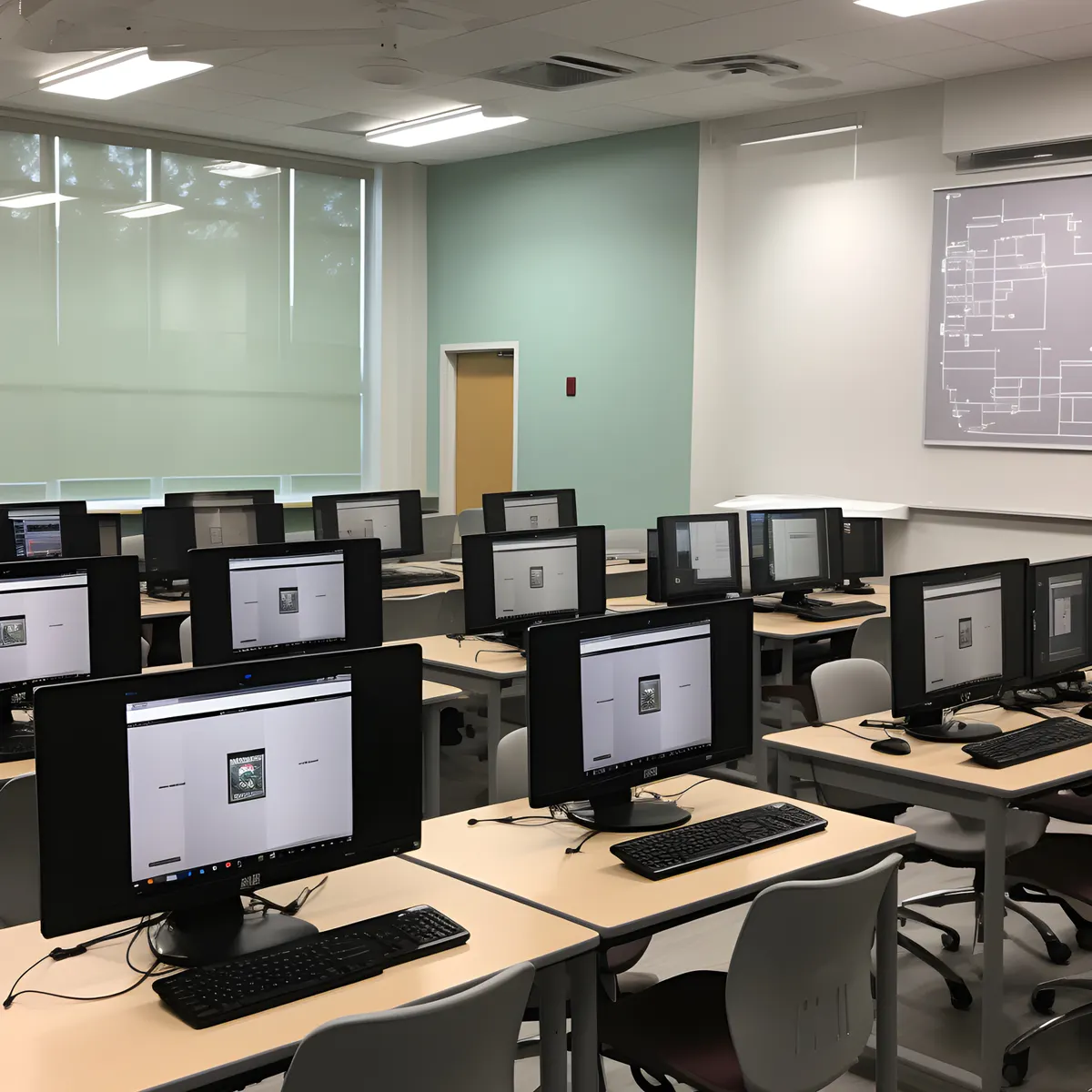 Rows of computer workstations in a campus lab